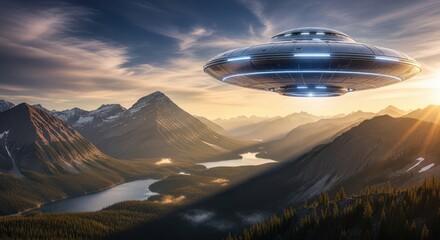 Alien spacecraft hovering over a beautiful mountain landscape at sunset