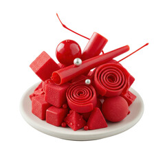 Gourmet bright red confectionery decorations, geometric shapes, sugar ribbons, and a silver pearl on a white plate, isolated on transparent background. Concept of culinary artistry