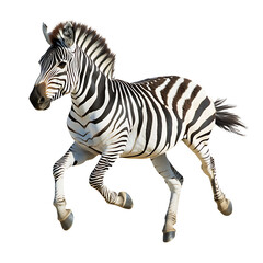 Fototapeta premium Zebra in Motion: A zebra, captured in a dynamic pose, dashes across a plain, its striking black and white stripes contrasting beautifully in this vivid shot, conveying a sense of energy and freedom.