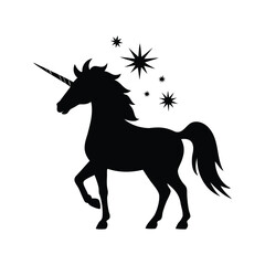 Elegant black silhouette of a magical unicorn with stars, whimsical illustration, unicorn blowing sparkles silhouette vector illustration
