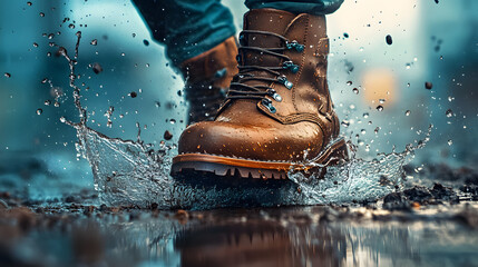 Close-up image of a person's feet in brown leather boots splashing through a puddle on a dark gray ground.  Water droplets and reflections are visible.