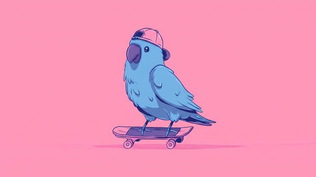 Cartoon parrot on skateboard against a pink background