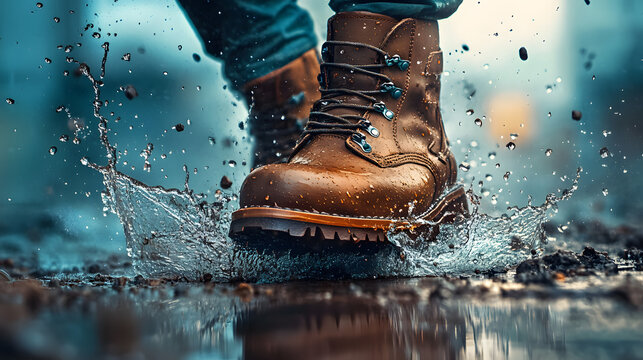 Close-up image of a person's feet in brown leather boots splashing through a puddle on a dark gray ground. Water droplets and reflections are visible.