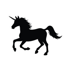 Mystical Unicorn Silhouette Prancing Freely on a White Background in Elegant Movement, unicorn galloping silhouette vector illustration
