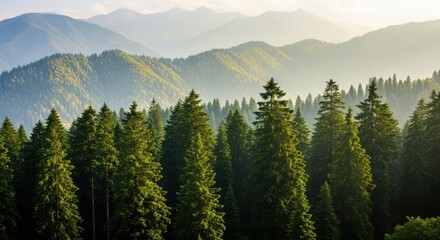Fototapeta premium Misty Mountain Forest Landscape With Evergreen Trees and Rolling Hills