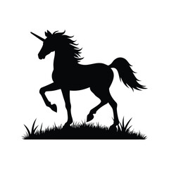 Majestic unicorn silhouette prancing gracefully among tall blades of grass below, artwork, unicorn prancing in the meadow silhouette vector illustration