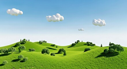 Fototapeta premium 3D Landscape with Rolling Green Hills and Trees under Clear Sky