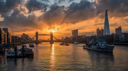 Fototapeta premium London Skyline Sunset Cityscape With River and Tower Bridge