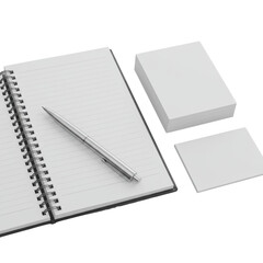 Premium open notebook with silver spiral, ruled pages, sleek silver pen, and minimalist white notecards on transparent background, top-down flat lay, no shadows, macro. Concept of professional