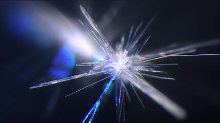 faint. A close-up macro shot of a pristine glowing ice crystal emitting faint electric blue arcs of light as it fractures. STEM education sheets.
