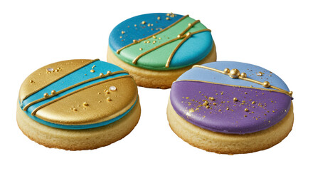Three intricately decorated shortbread cookies with vibrant gold, blue, green, purple royal icing, metallic accents, and gold dust, arranged on a transparent background with high-key lighting. Concept