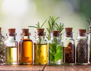 various bottles containing different essential oils and herbs lined up in a row banner