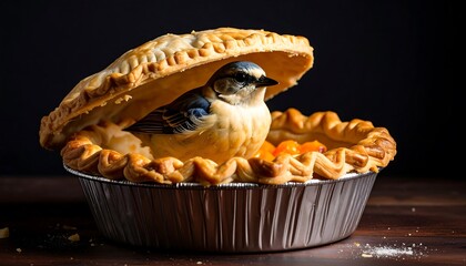 Bird nestled in a pie