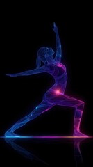 Fototapeta premium Neon line art silhouette of yoga warrior pose with radiant energy