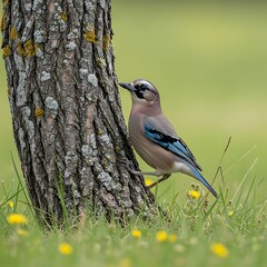 Jay Bird Perched on Tree Trunk.