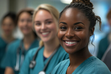 Smiling generative ai portrait of a young doctor in a diverse hospital team promoting inclusion and healthcare unity