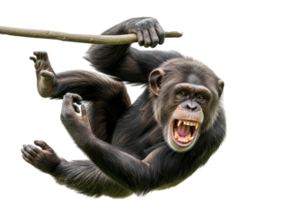 Powerful chimpanzee hanging from a branch, displaying aggression and strength.  Its expressive face and dynamic pose create a striking image of primal energy.