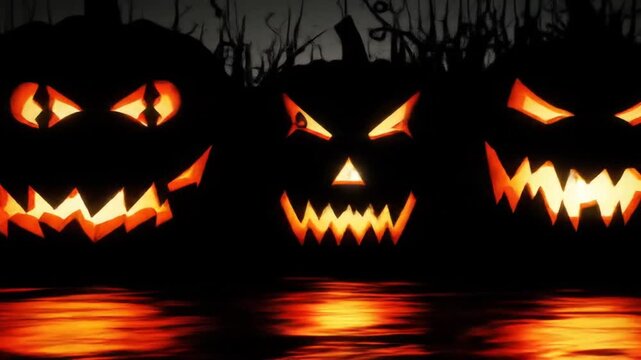 Spooky row of jack-o-lanterns glowing menacingly against a dark, eerie background
