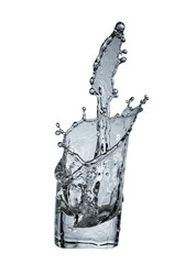 Pristine ice cube, crystal-clear water dynamically splashing, fine mist, suspended droplets on transparent, concept of purity and refreshment.