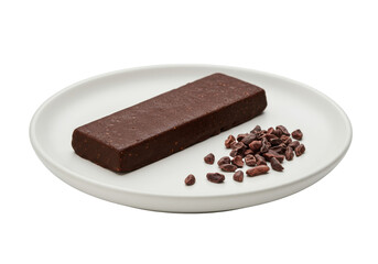 Premium dark chocolate protein bar with scattered cocoa nibs on a minimalist white ceramic plate against a transparent background, sharp focus. Concept of premium healthy food product