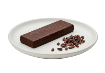 Premium dark chocolate protein bar with scattered cocoa nibs on a minimalist white ceramic plate against a transparent background, sharp focus. Concept of premium healthy food product