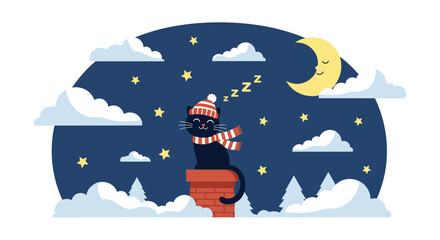 A black cat wearing a hat and scarf sleeps peacefully on a chimney top under a starry night sky with a crescent moon.