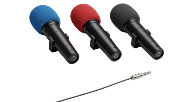 Professional black dynamic microphones with colorful windscreens, silver audio jack, arranged on light grey, shadowless background. Concept of professional audio equipment display