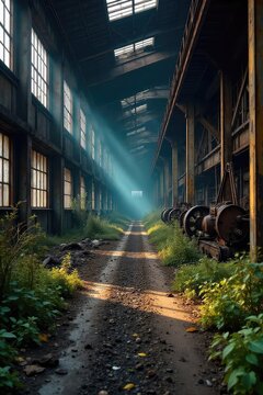 A desolate factory floor, rusting machinery, and overgrown weeds illustrate the harsh realities of a fired economy, symbolizing job losses and economic downturn ,  despair,  stillness,  shutdown