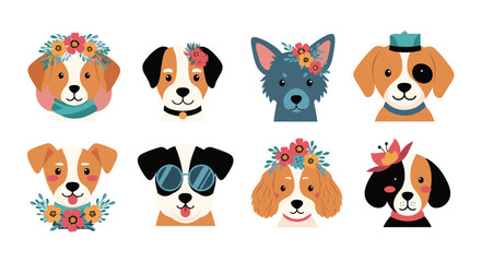 Obraz premium Cute puppy portraits adorned with floral accessories and sunglasses for charming digital art and designs.