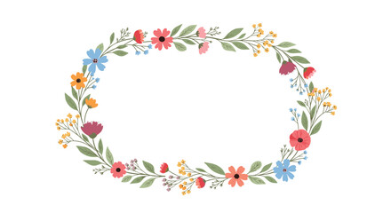 A delicate oval floral wreath composed of small colorful flowers and green leaves. 