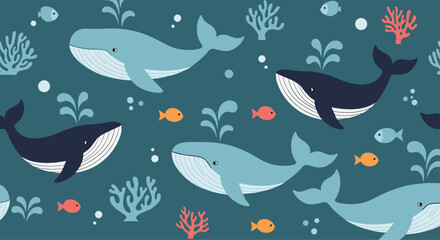 Naklejka premium Whales and fish swimming in the ocean with coral reefs.