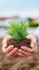 Hands Cupping Seedling Green Plant Against Blurry Background Outdoor