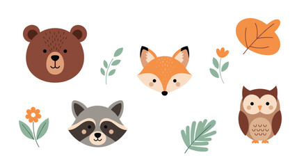 Fototapeta premium Cute forest animals and autumn leaves collection for design.