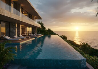 Fototapeta premium Luxurious modern villa with an infinity pool overlooking the ocean at sunset.