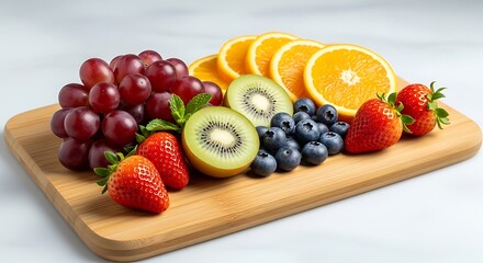 Vibrant assortment of fresh fruits delicious healthy platter of strawberries grapes oranges kiwis blueberries.