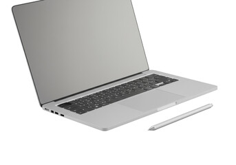 A sleek, silver ultra-thin laptop with a blank screen and matching stylus on a transparent background, bright studio lighting. Concept of modern tech and minimalism