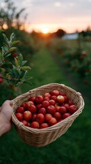 Hand Holding Basket of Red Apples in Orchard at Sunset Golden Hour Lighting