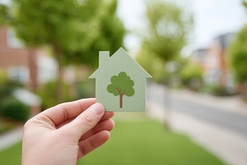 Hand Holding Eco-Friendly Paper Cutout of House with Tree on Blurred Green Background