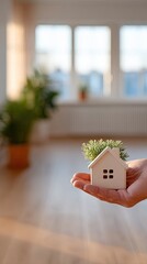 Hand Holding Miniature Wooden House with Green Plant Inside Against Window and Wooden Floor