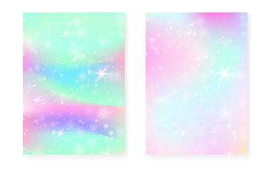 Magic background with princess rainbow gradient. Kawaii unicorn hologram. Holographic fairy set. Stylish fantasy cover. Magic background with sparkles and stars for cute girl party invitation.