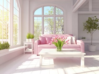 A sun-drenched, light-filled living room, bathed in soft daylight, showcases a chic, pastel pink sofa and coffee table, adorned with a bouquet of tulips, in a bright, airy space.
