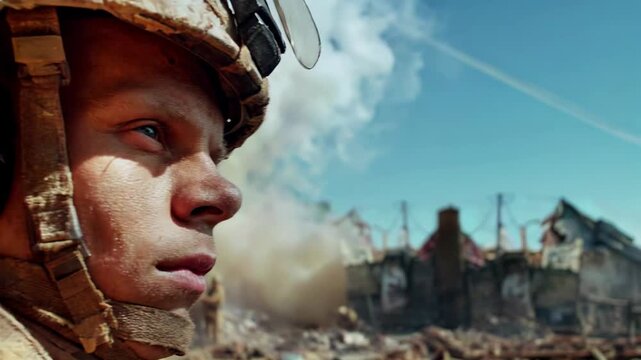 Young trooper in profile surveying ruined cityscape, war‑torn backdrop underlines duty, courage, and uncertainty &mdash; a powerful editorial frame for social issues, conflict reporting, and humanitarian ad