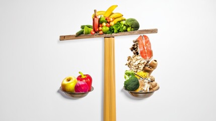 Wooden balance scale displaying fresh fruits and vegetables in a rustic setting for health and wellness