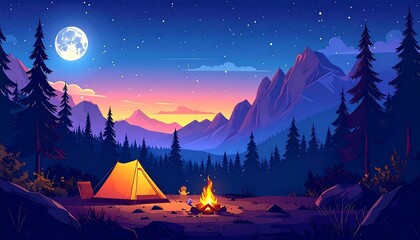 An animated nighttime scene featuring a campfire, tent, and mountains under a starry sky with a full moon, creating a serene camping vibe