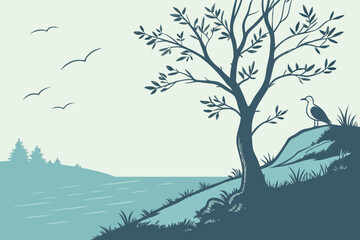 Fototapeta premium Duotone Rural Landscape Vector Art - Layered Hills, Trees, and Distant Figure Silhouette
