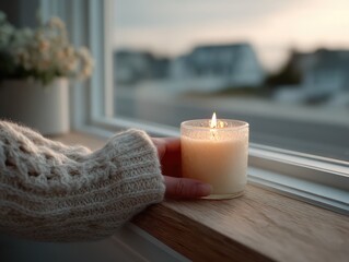 Hand Touching Lit Candle on Wooden Window Sill with Cozy Sweater Soft Lighting and Blurred Background