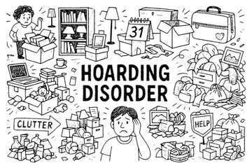 Hoarding disorder doodle composition with cluttered boxes, clothes, books and stressed people, Transparent Background