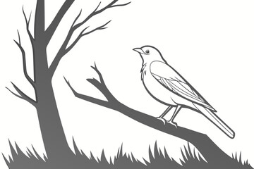 Hiker Walking by Windblown Tree Vector Illustration - Monochrome Outdoor Scene
