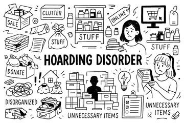Hoarding disorder doodle composition with cluttered boxes, clothes, books and stressed people, Transparent Background