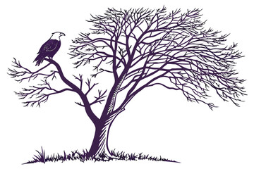 Giraffe Walking by African Acacia Tree Silhouette - Duotone Blue Savannah Landscape Vector